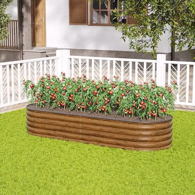 Living and Home Oval-Shaped Galvanised Steel Raised Garden Bed in Brown