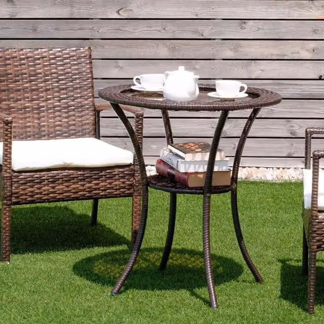 COSTWAY Modern Brown Rattan and Glass Outdoor Round Dining Table