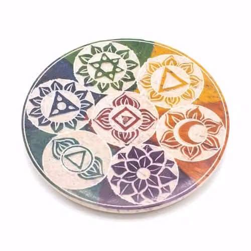 KDMD Seven Chakra Soapstone Disc Incense Holder, Multicolour, Diameter: 10 cm