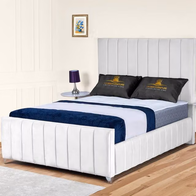 UK Bed Furniture Milano White Velvet Upholstered Slatted Base Bed, W/D/H: 140 x 200 cm – 1