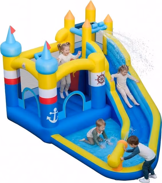 Costway Inflatable Kids Water Slide Park with Spray and Safety Net in Blue and Multicolour