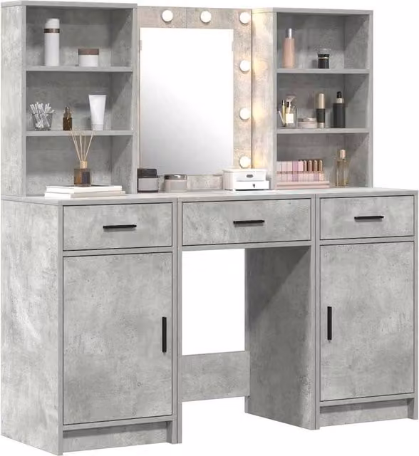 Berkfield Home Modern 3 Piece Hollywood LED Dressing Table Set in Grey and White MDF