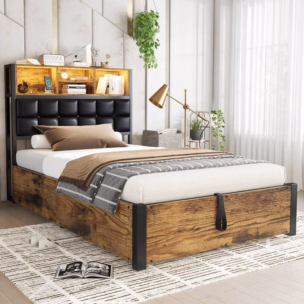 Rolipo 3ft Single Hydraulic Storage Bed Frame in Brown with LED Lighting and USB Charging Ports, W/D/H: 90 x 190 cm – 7