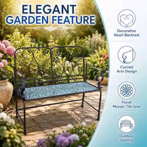 SHATCHI Leaf Mosaic 2 Seater Garden Bench with Metal and Ceramic Tile Seat in Multicolour Green – 6
