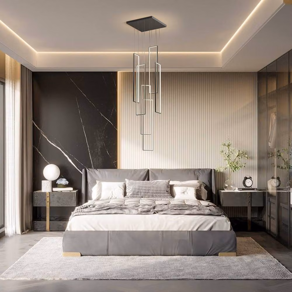 Garwarm Modern Rectangular LED Dimmable Pendant Chandelier in Black for Staircases, Living Rooms and Bedrooms – 4