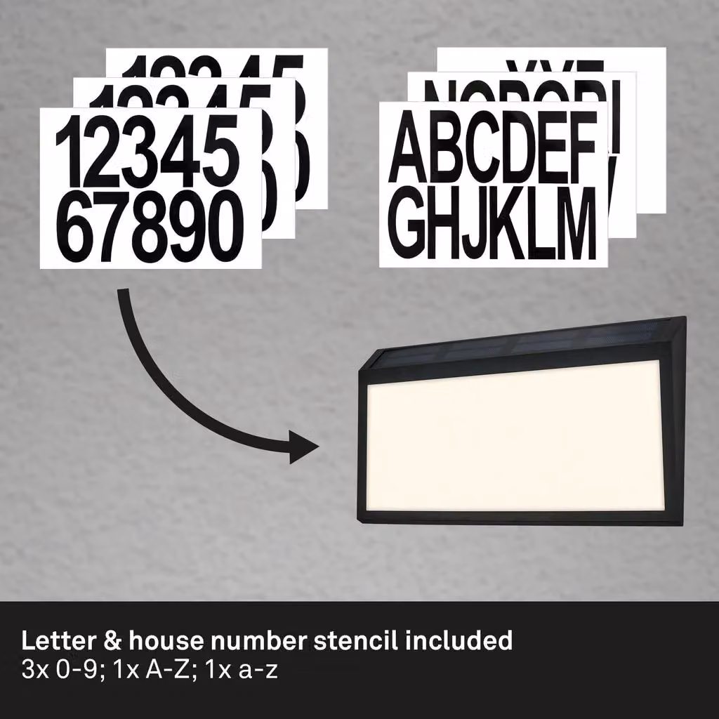 Briloner Solar House Number Outdoor LED Light with Dusk Sensor, IP44, Warm White, Black, W: 28 cm, H: 18 cm, D: 3.5 cm – 6