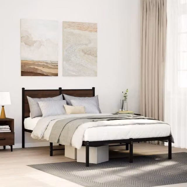 Berkfield Home Metal Bed Frame in Brown Oak, Small Double, W: 120 cm, L: 190 cm