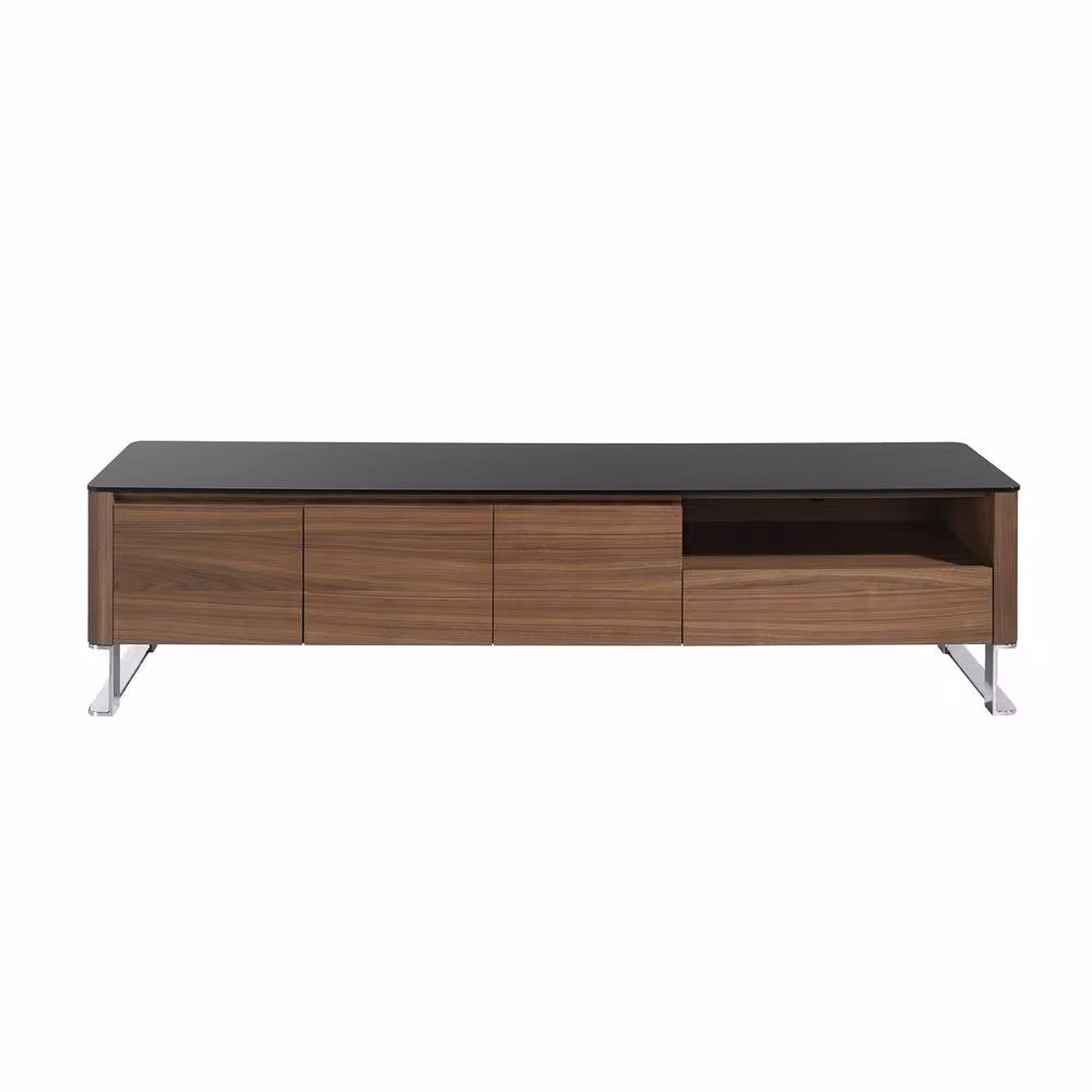 Angel Cerda Modern Walnut TV Unit with Black Tempered Glass Top and Chrome Details in Brown, W: 200 cm, D: 45 cm, H: 48 cm – 2