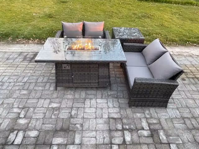 Fimous 4 Piece Poly Rattan Garden Furniture Set with Gas Firepit Dining Table and Sofa in Dark Grey Mixed