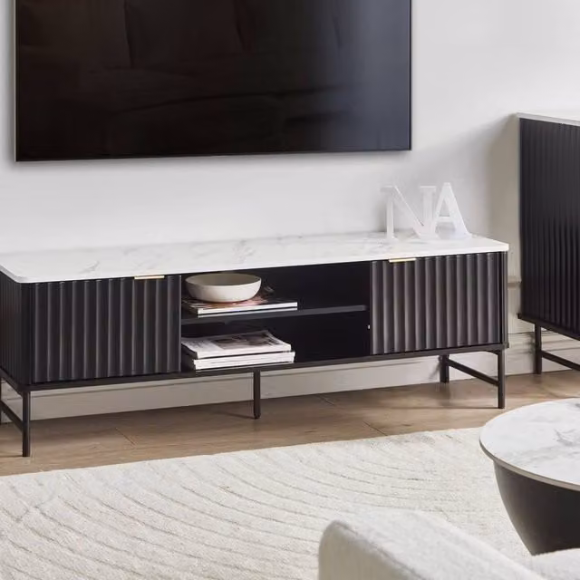 Wyld and Coco Black Marble-Effect TV Stand, W: 140 cm, D: 40 cm, H: 46 cm – 1