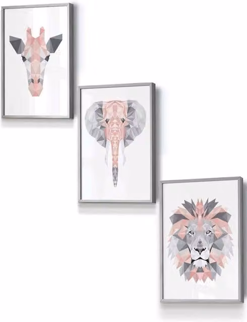 ARTZE Geometric Pink and Grey Jungle Animal Heads Framed Wall Art, Boho Abstract Graphic Design, W: 33 cm, H: 45 cm, D: 0.2 cm