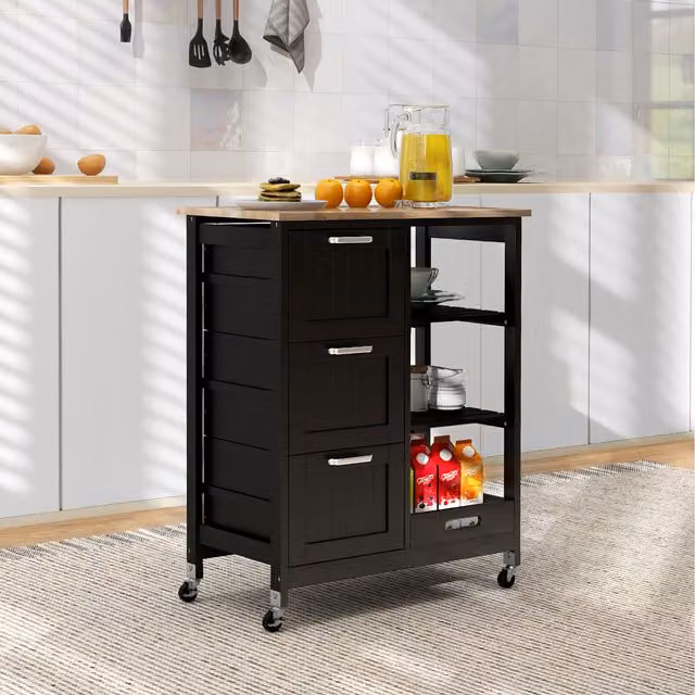 COSTWAY Modern Black Kitchen Island Rolling Cart with Rubberwood and Pine Wood Finish