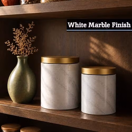 Orsina 5 Piece White Marble Effect Metal Kitchen Canister Set with Airtight Lids – 3
