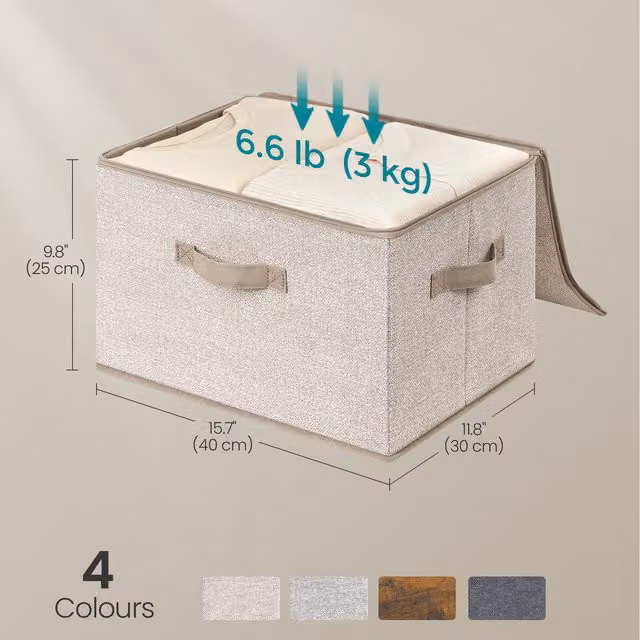 SONGMICS Set of 3 Foldable Fabric Storage Organiser Boxes with Lids and Handles, Brown and Grey, W/D/H: 30 x 40 x 30 cm