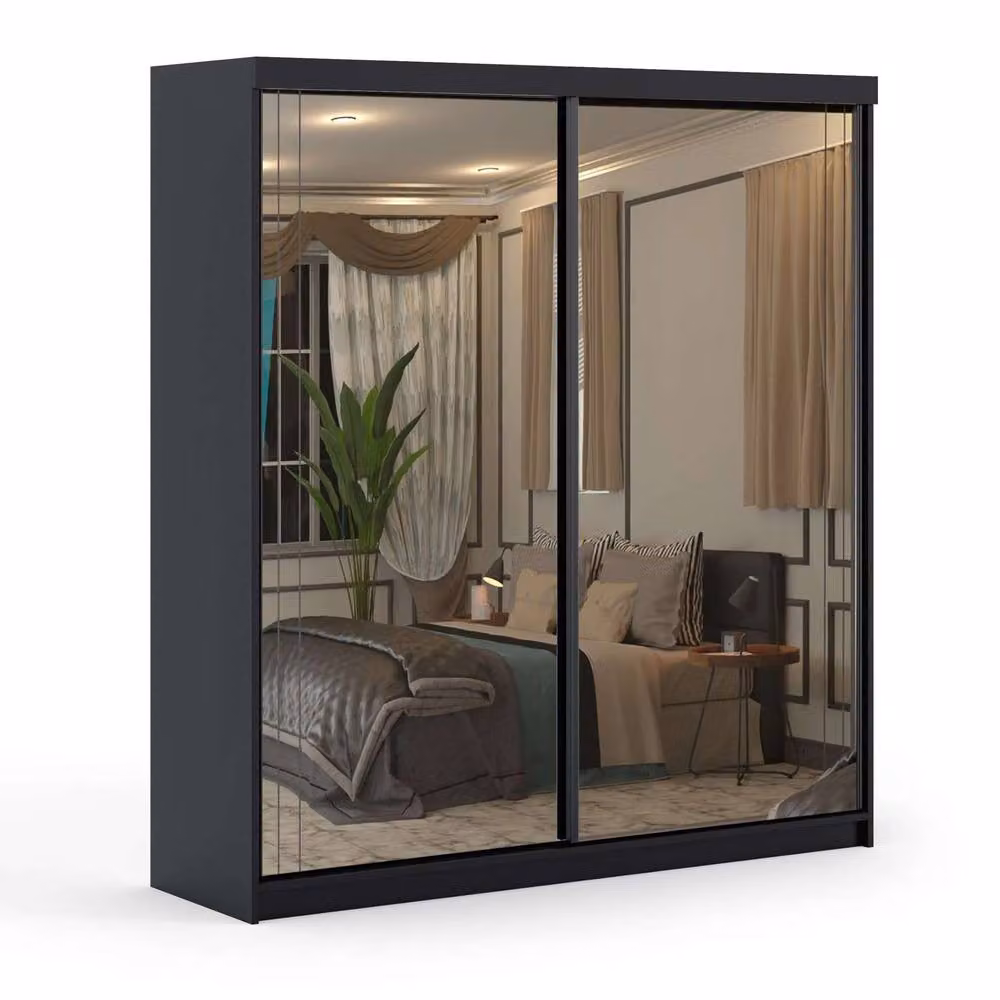 Sliding Wardrobes 4U Modern Full Mirror Sliding Wardrobe with Integrated Drawers in Black, Width: 203 cm – 2