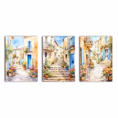 Simpa Multicolour and Gold Rustic City Landscape 3 Panel Canvas Wall Art