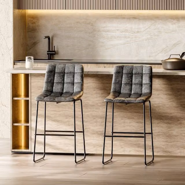 Livingandhome Set of 2 Modern Grey PU Leather Upholstered Bar Stools with Metal Legs