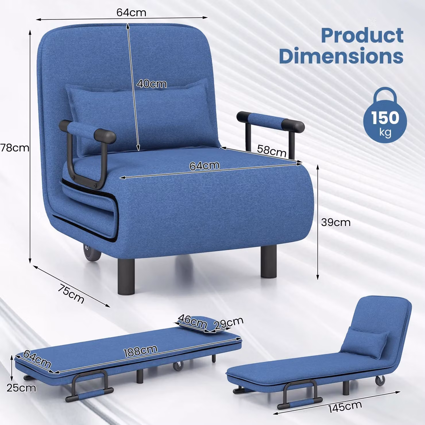 Costway Modern Fabric Single Folding Sofa Bed Chair with Pillow in Blue – 3