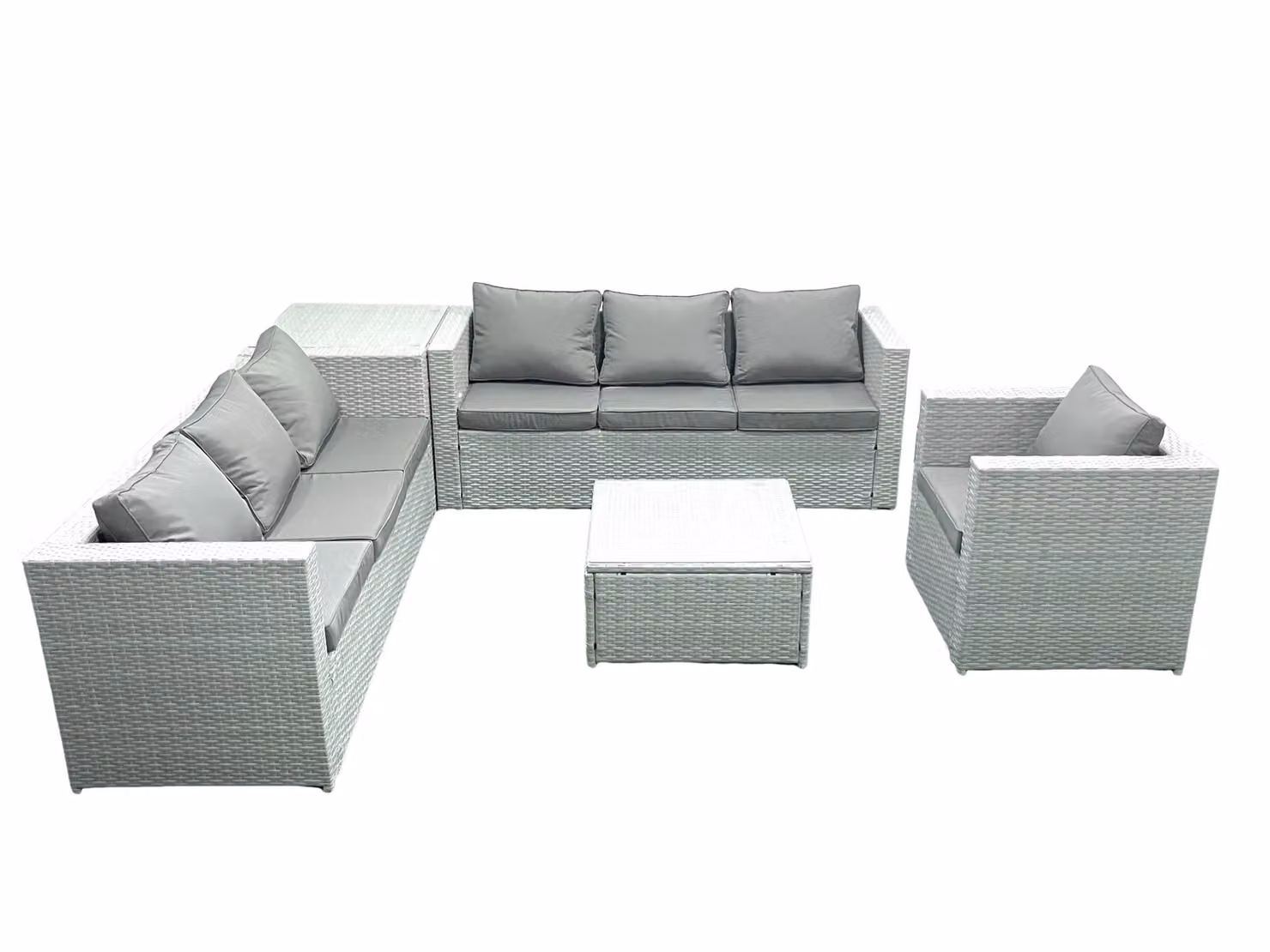 Fimous 7 Seater Grey Rattan L-Shape Garden Lounge Sofa Set with Armchair, 2-Seater Sofa, Coffee Table and Cushions – 2