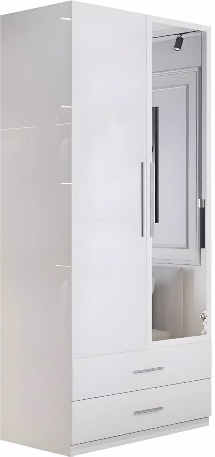 Sliding Wardrobes 4U High Gloss 2 Door Mirrored Wardrobe with Internal Drawers in White, W80cm x H200cm – 2