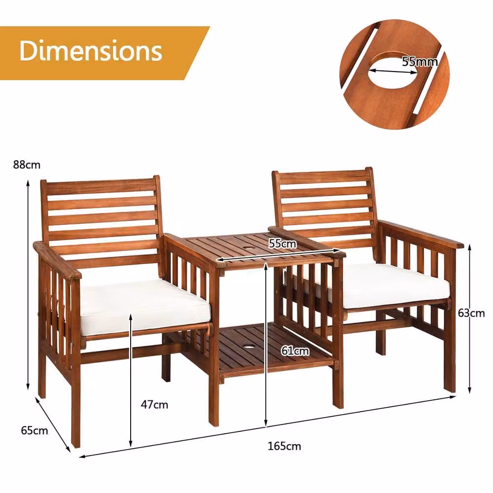 Gymax 3 Piece Acacia Wood Garden Furniture Set in Brown with Outdoor 2 Seater Sofa, Coffee Table and Upholstered Cushions – 2