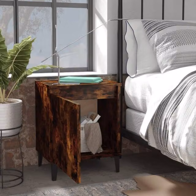 Berkfield Home Set of 2 Sturdy Bedside Cabinets with Metal Legs in Smoked Oak Brown, W: 40 cm, D: 30 cm, H: 50 cm – 1