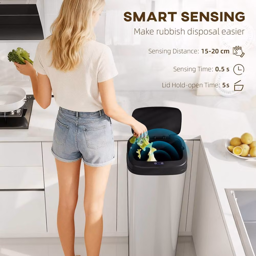 STILVORA 50L Sensor Bin with Bag-Fixing Ring in Silver Stainless Steel – 3