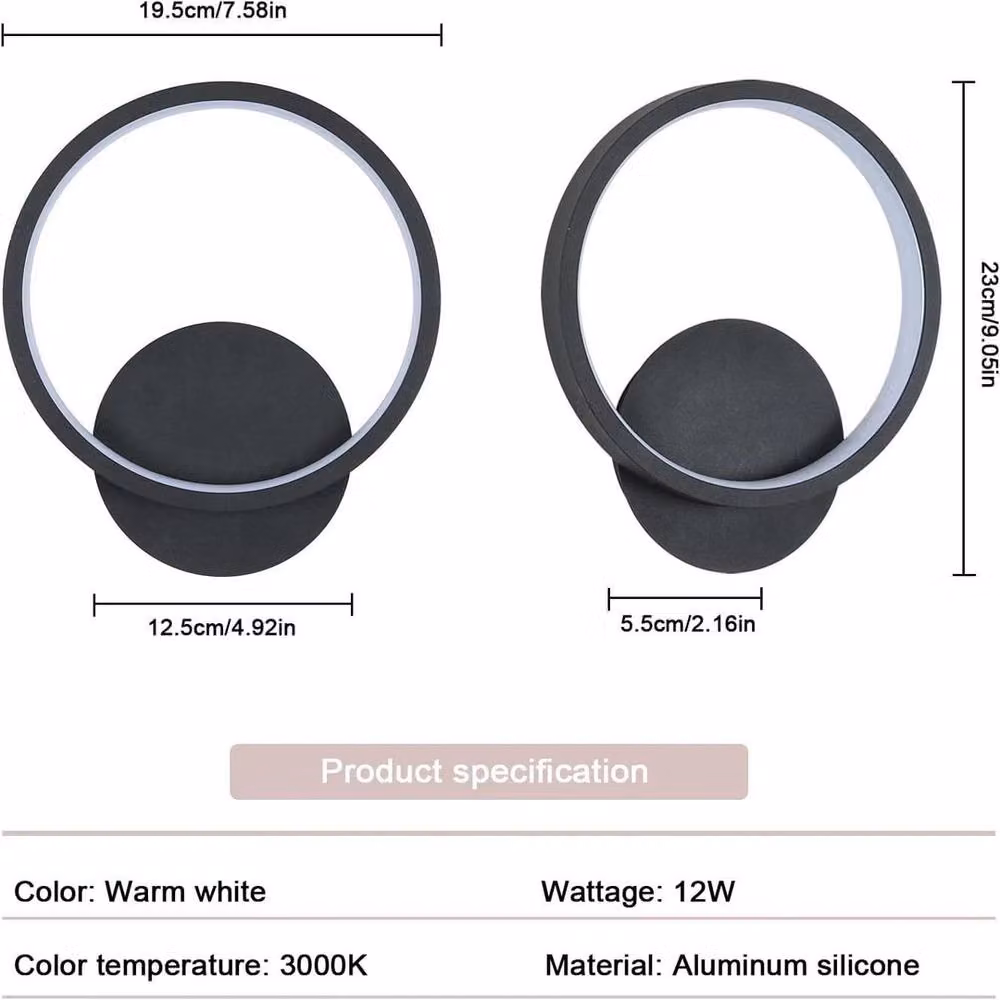 EONLION 12W Modern Round LED Wall Lamp in Black with Warm White Light – 2