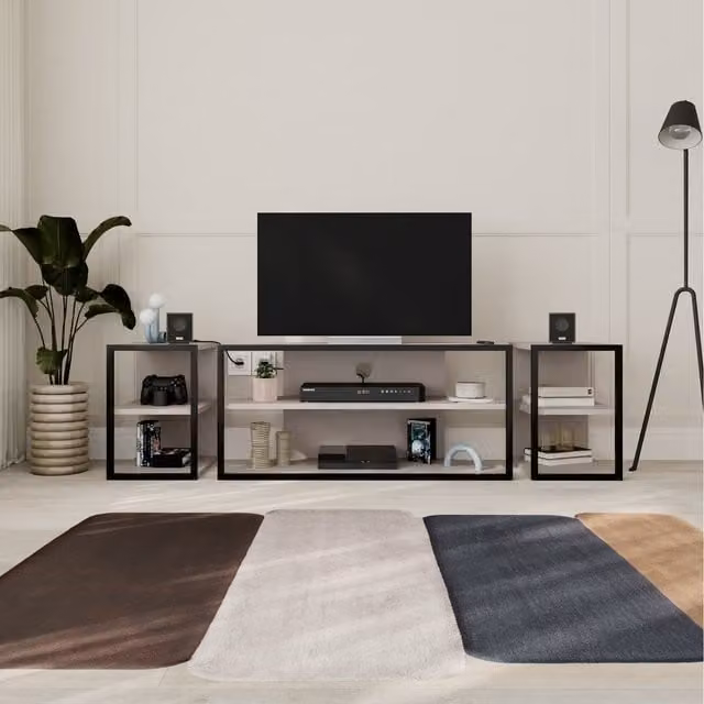 Decortie Echo Modern TV Unit and Side Unit Set with Metal Frame and Open Shelves in Grey