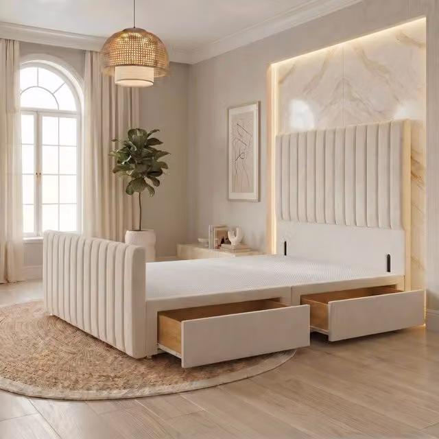 Somnior Eleanor Velvet Divan Base with 2 Drawers, 54 inch Headboard and 22 inch Footboard, Ivory, W/D/H: 180 x 200 cm