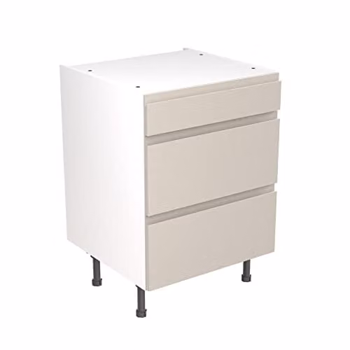 KITCHEN KIT Flatpack Base Cabinet with 3 Drawers and J-Pull Door, Light Grey Matt, W: 60 cm, H: 87 cm, D: 57 cm