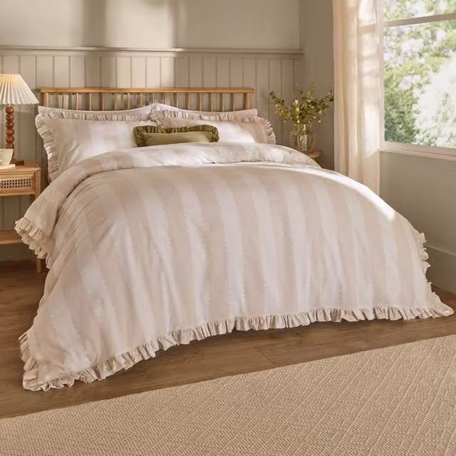 Furn Birdie Stripe Ruffle Cotton Duvet Cover Set in Natural/Beige, Reversible, W: 140 cm, L: 200 cm