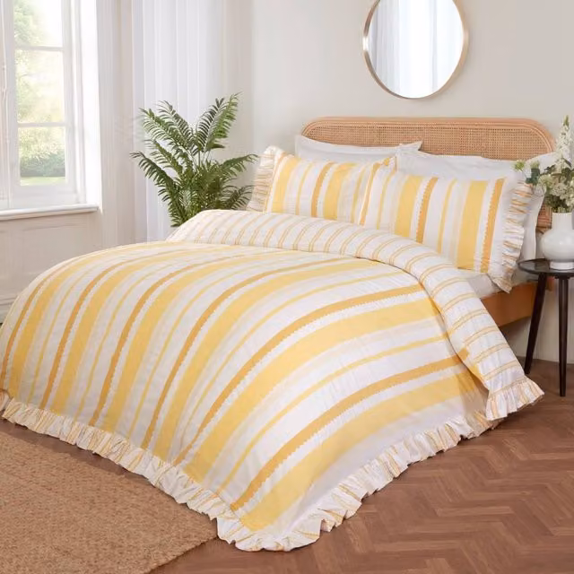Rapport Home Maya Striped Reversible Polycotton Duvet Cover Set with Pillowcase, Yellow, W/D/H: 135 x 200 cm, Pillowcase: 50 x 75 cm – 1