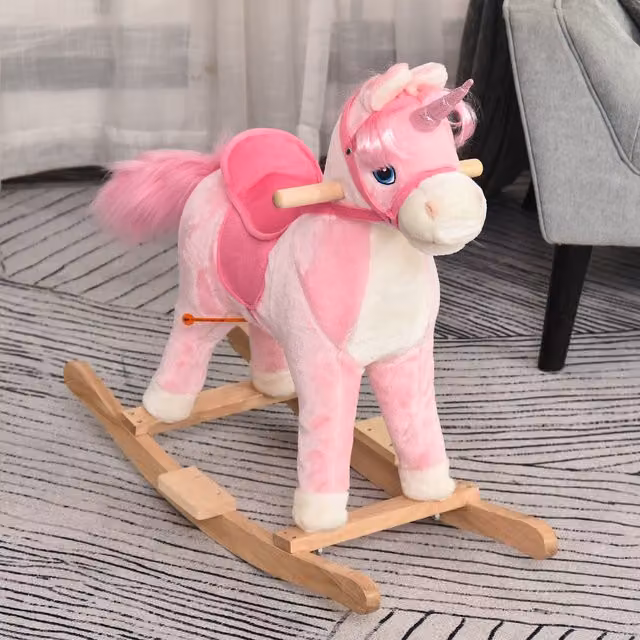 HOMCOM Interactive Pink and White Plush Unicorn Rocking Horse with Sound Effects