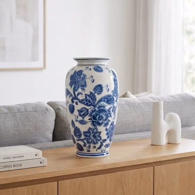 Garden Greatness Anemone Patterned Ceramic Urn Vase in Blue, White and Multicolour