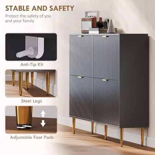 HOMCOM Narrow Black and Gold Shoe Cabinet with 4 Tilting Compartments and Internal Shelves, H 91.5 x W 105.0 x D 24.0 cm – 5