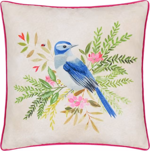Make It A Home Daisy Hill Bluebird Printed Square Cushion in Multicolour, Pink and Blue with Feather Filling