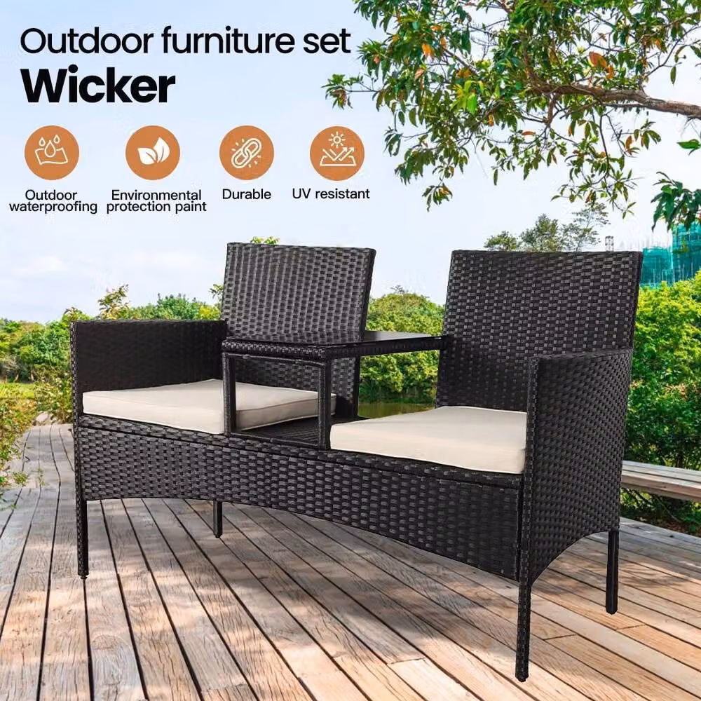 FORGEVIO Modern Garden Love Seat Chair with Black Base and Beige Cushions – 3