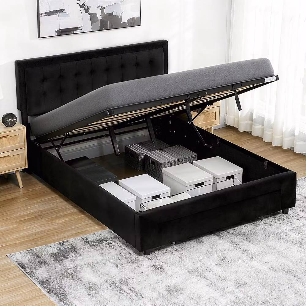 HOMCOM Upholstered Lift Up Ottoman Bed in Black, W/D/H: 150 x 200 x 95 cm – 10
