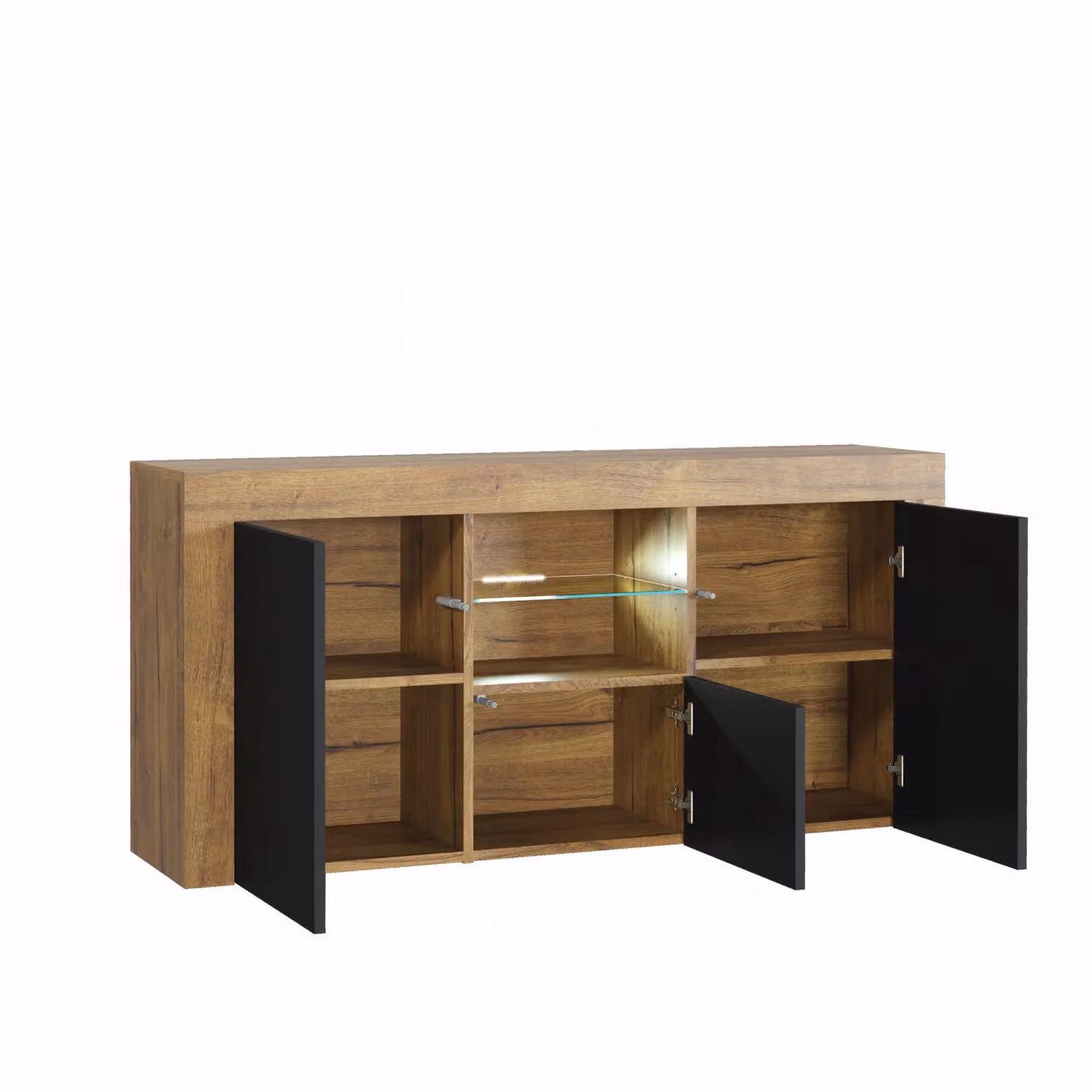 Creative Furniture Aurora Sideboard in Oak and Brown with Black Matt Glossy Doors and Integrated LED Lighting, W: 145 cm – 5