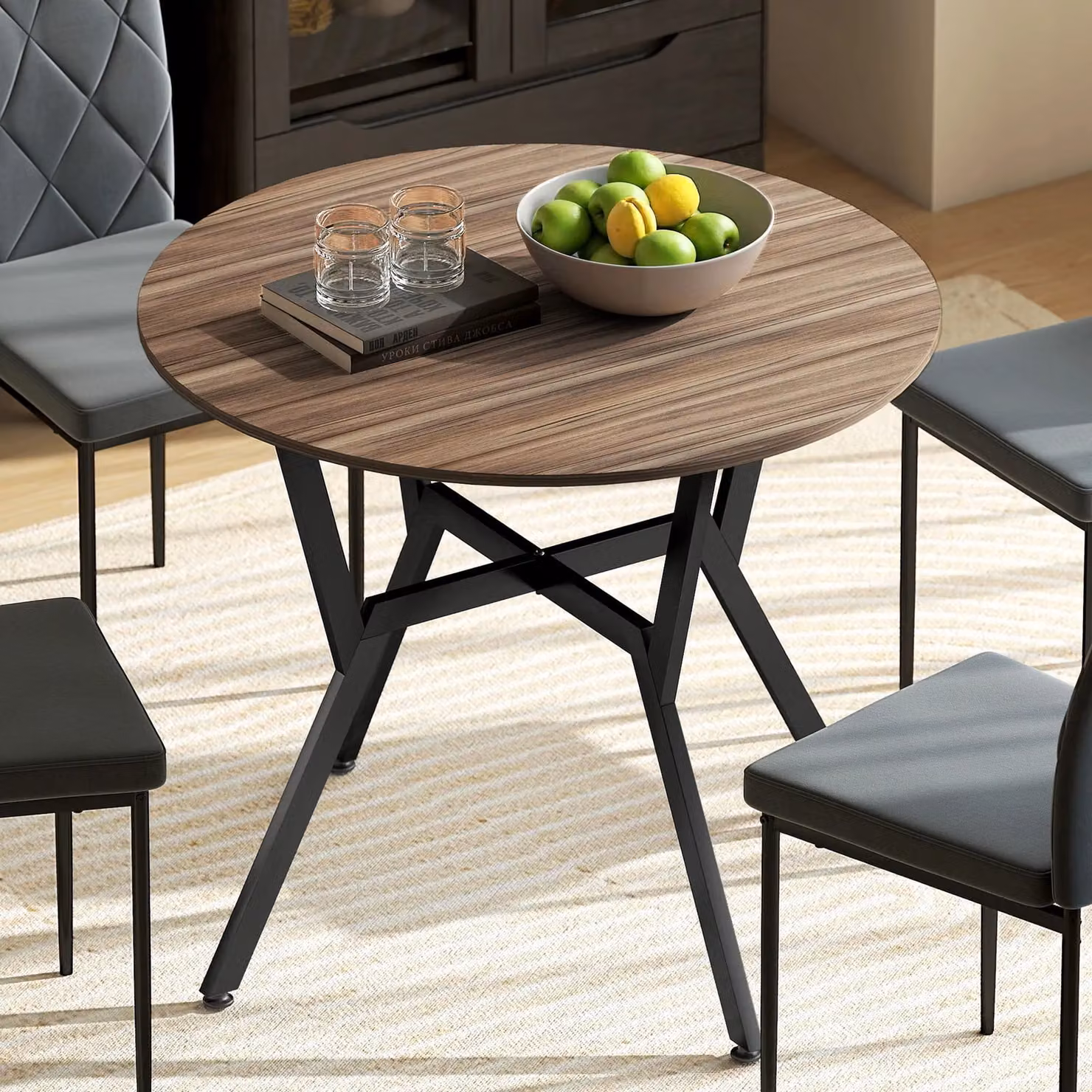 HOMCOM Industrial Round Dining Table with Wood Top and Steel Legs in Brown and Black – 3