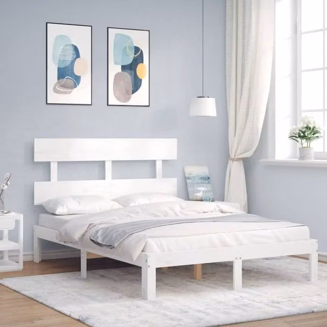 Berkfield Home Small Double Solid Wood Bed Frame with Headboard in White – 1