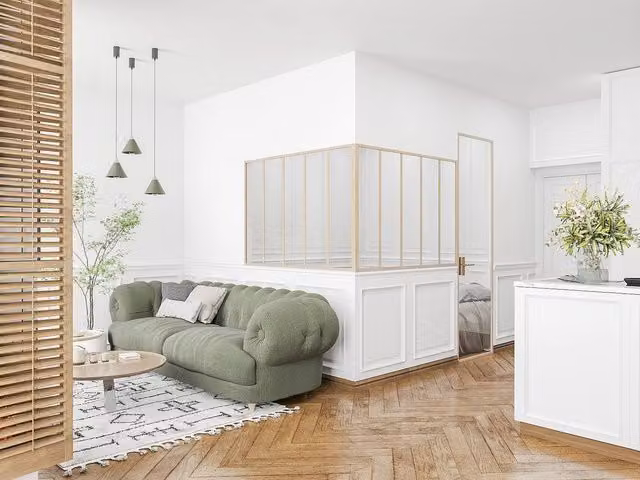Vente-unique Corner Workshop Aluminum Thermolacquered Glass Partition in Light Oak, W: 150 cm, L: 150 cm – 1