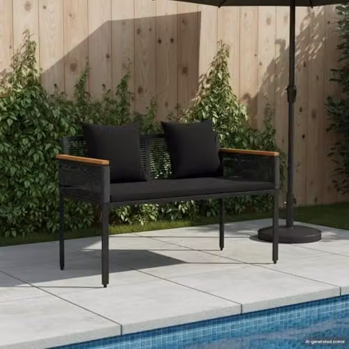 vidaXL 2-Seater Outdoor Bench in Black Poly Rattan with Armrests, W: 117 cm, D: 54 cm, H: 74.5 cm – 2
