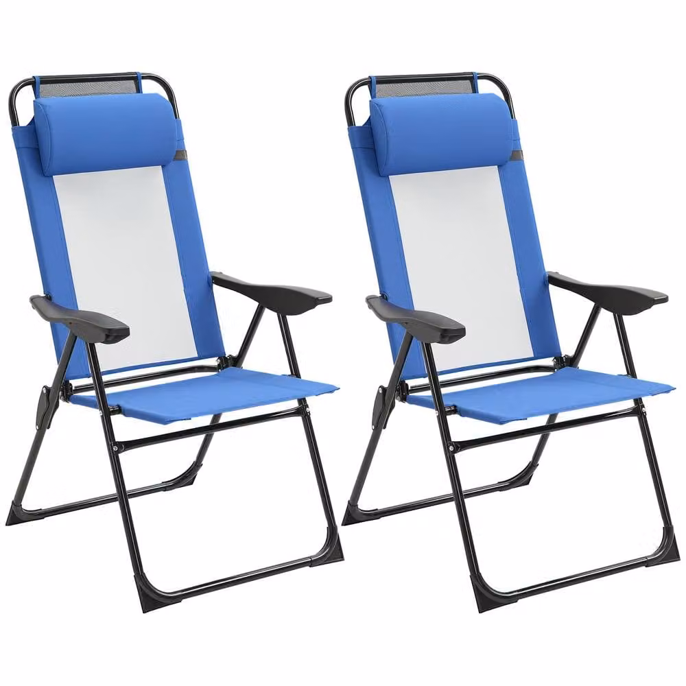 OUTSUNNY Set of 2 Blue Folding Camping Recliner Chairs with Armrests and Adjustable Headrests – 2
