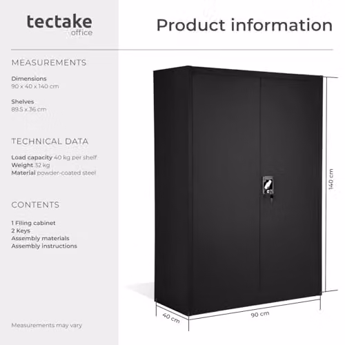 tectake Metal Lockable Filing Cabinet with Adjustable Shelves and Hinged Doors, Black or Grey, H 140 x W 90 x D 40 cm – 3
