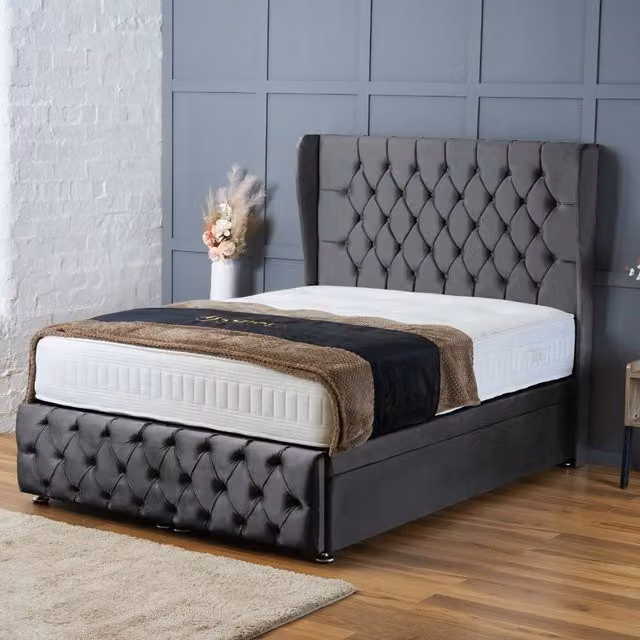 BSSPOKE Bella Ottoman Divan Bed in Charcoal Grey Plush Velvet with 54 inch Headboard, Super King, W/D/H: 200 x 200 cm