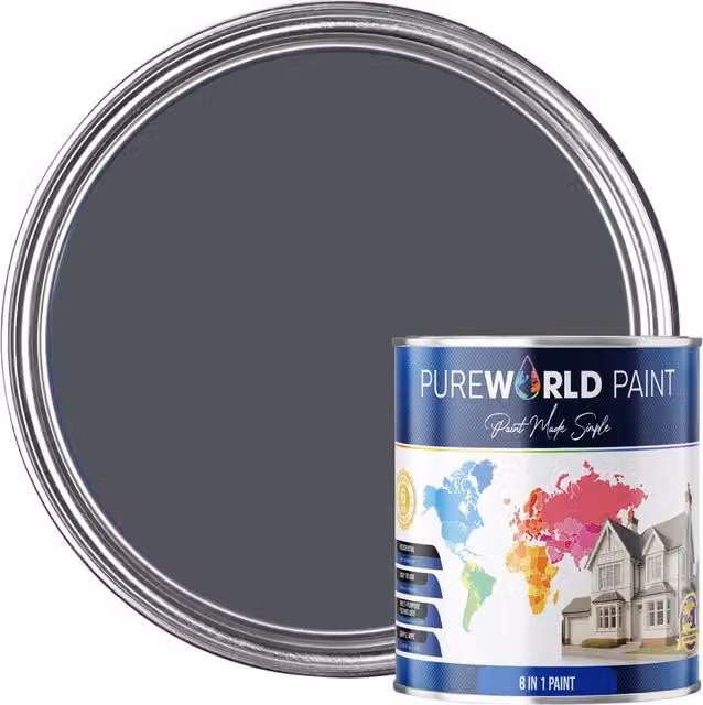 Pureworld Multi Surface Indoor and Outdoor All-In-One Water Based Satin Paint in Dark Grey, 1 l
