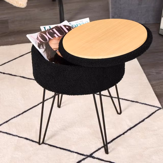 OHS Black Bouclé Upholstered Hairpin Storage Stool with Metal Frame