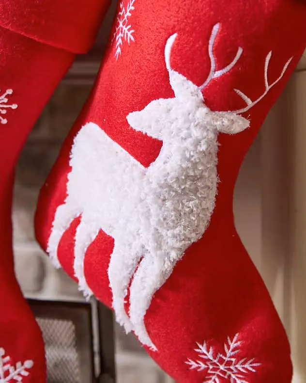 Dibor Set of 4 Red and White Reindeer Christmas Stockings with Snowflake Textile Decorations – 3